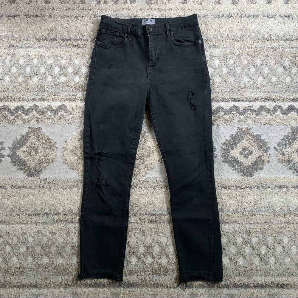 Agolde Toni Mid-Rise Black Distressed-Hem Stretch Slim Fit Ankle Jeans 28x26